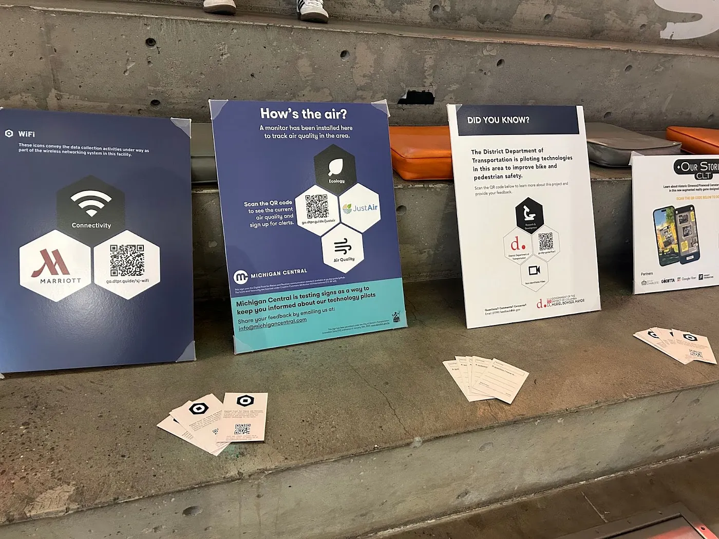 Examples of signs using the Digital Trust for Places and Routines (DTPR) framework on display at the Data Through Design Art Exhibit at BRIC in Downtown Brooklyn